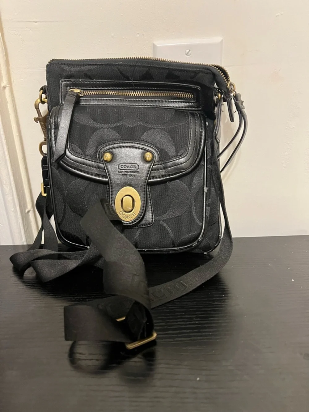 Coach Black Signature Messenger Bag with Gold Hardware